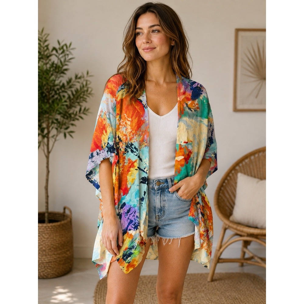 Chico's S/M Abstract Art Kimono Ruana Topper 100% Rayon Multicolor Boho -3705